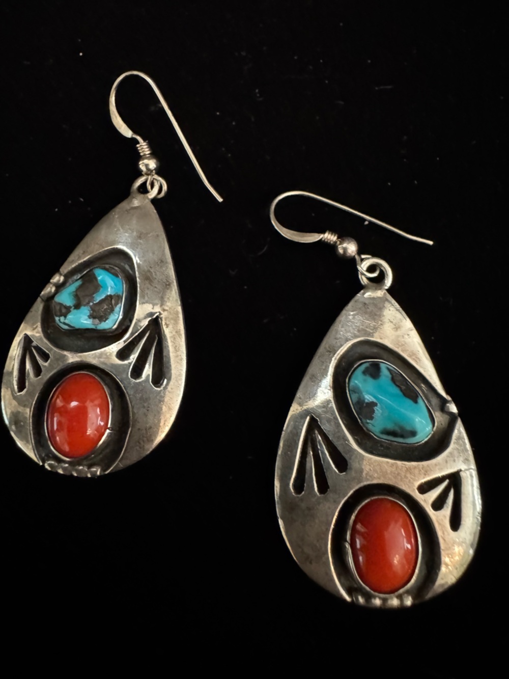 Sterling Silver Navajo made Turquoise & Coral Teardrop Earrings - vintage